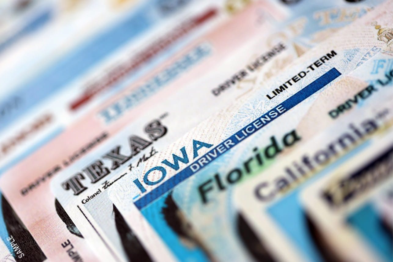 Driver's licenses shown from dozen states to imply Motor Vehicle Records (MVRs) can be ordered nationwide.